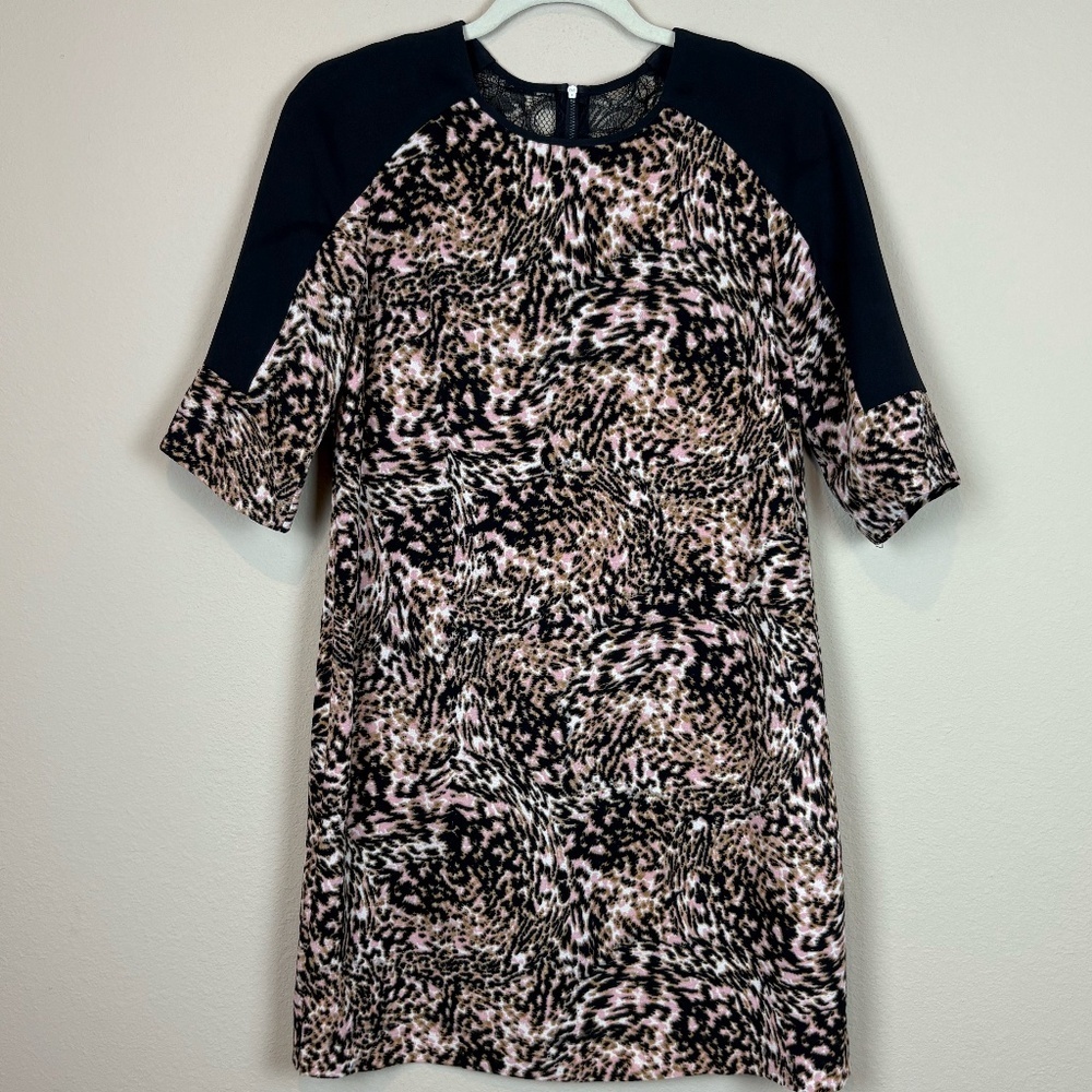 Maggy London Black/Tan/Cream Elbow Length Sleeves Shift Dress With Lace Accent